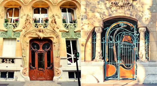 Portes et grilles ornementées, exemples d'art nouveau à Paris, avec des détails floraux et des figures féminines.