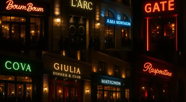 Les enseignes lumineuses de clubs parisiens : Boum Boum, L'Arc, Ama Montaigne, Gate, Cova, Giulia, Matignon, Raspoutine.