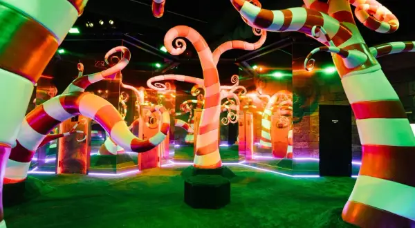 Un décor féerique avec des arbres en bonbons rayés, des miroirs et des lumières néon, typique d'un musée interactif à Paris.