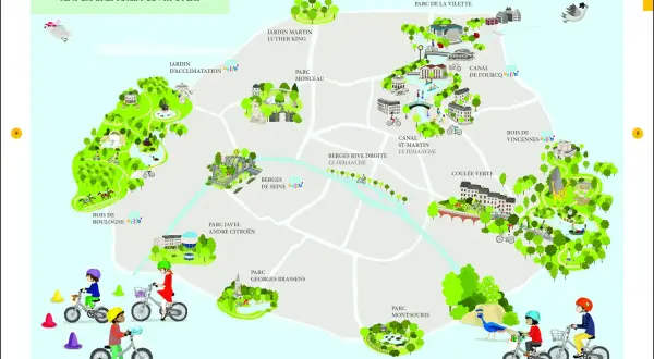 Carte des lieux pour faire du vélo à Paris, avec des enfants à vélo et des parcs. Idéal pour des activités enfants Paris gratuit.