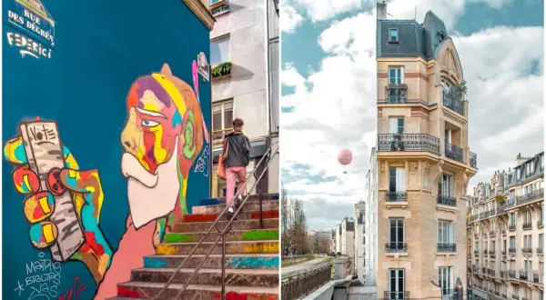 Escalier coloré et street art sur fond de ciel parisien, une invitation à une **paris secret sortie**.