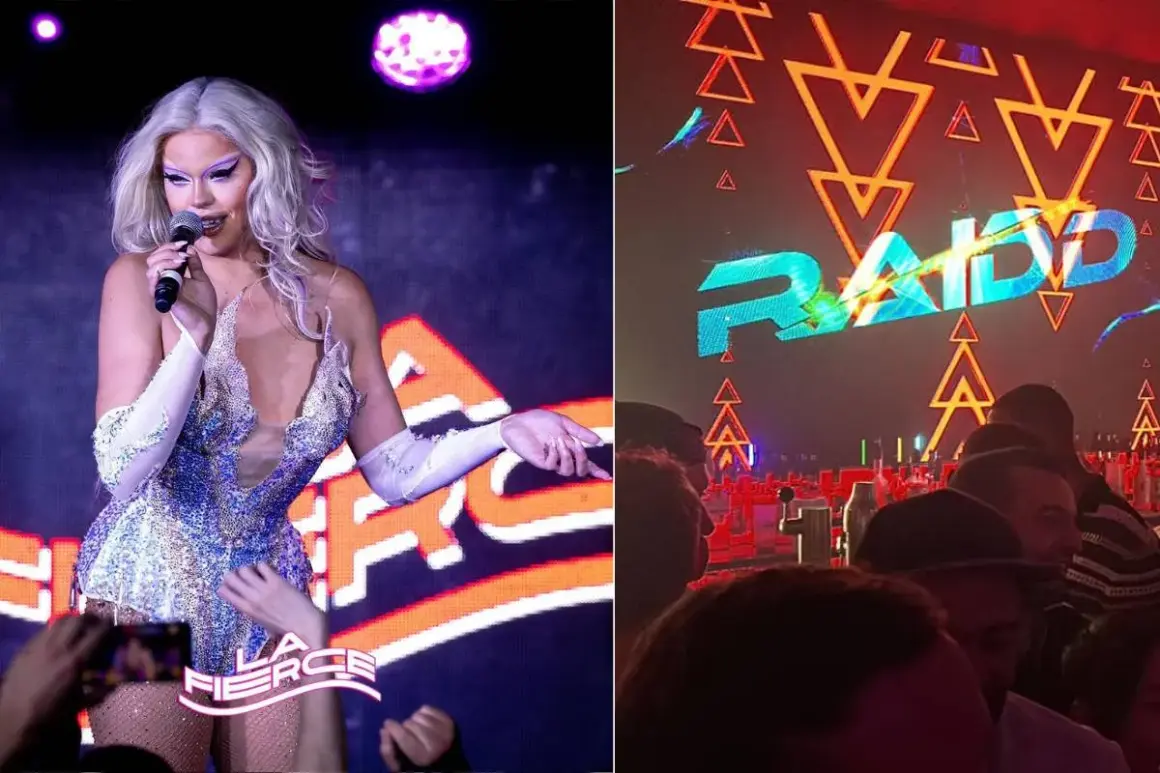 Une drag queen scintille sur scène à Paris, devant un logo lumineux. Ambiance festive dans ce bar trans.