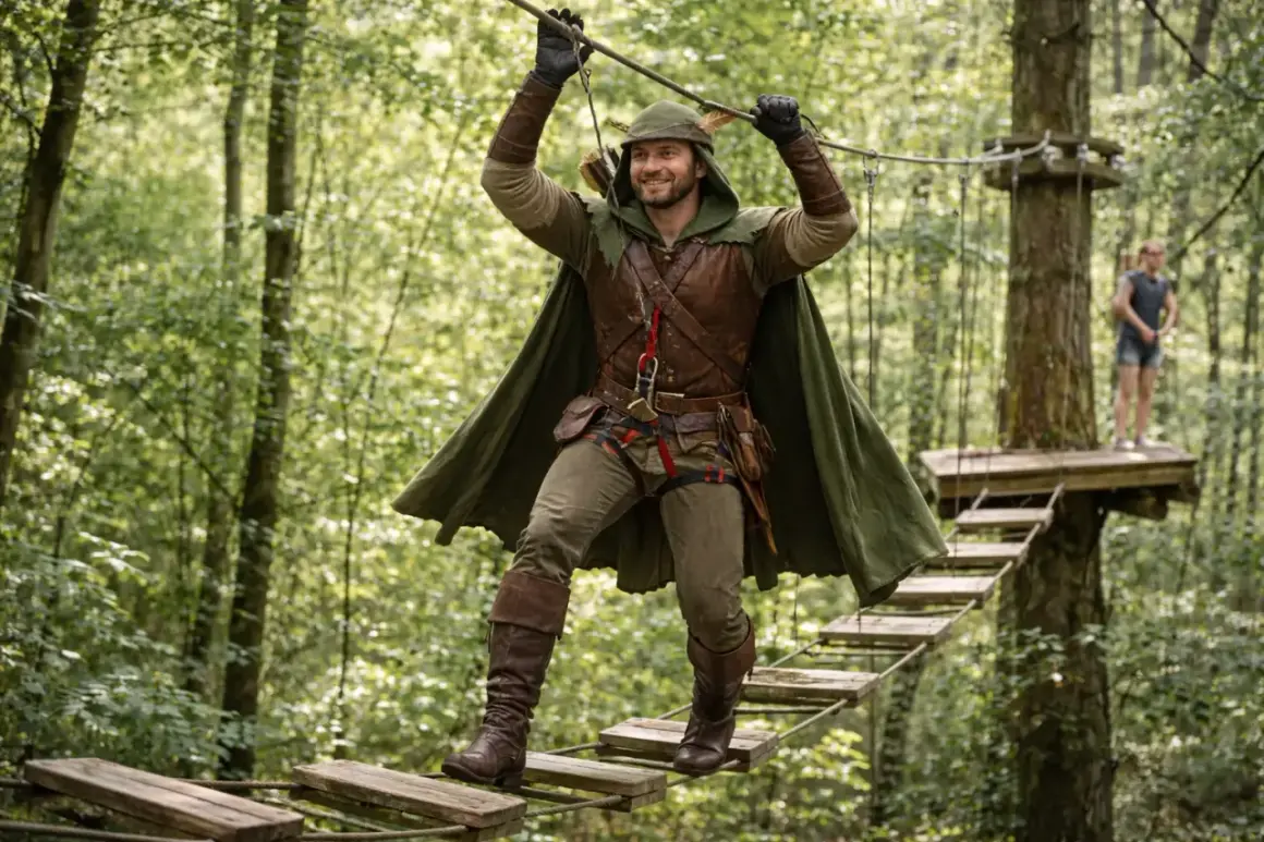 Un homme en costume de Robin des Bois traverse un pont suspendu dans un parc d'accrobranche, une aventure à Paris.