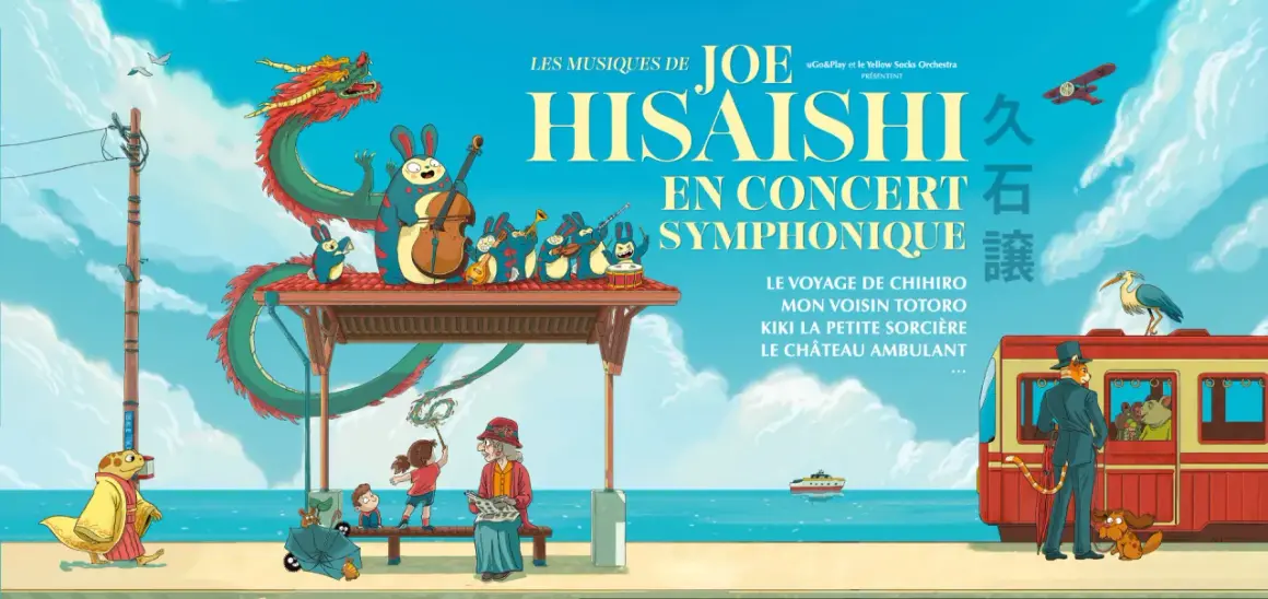 Affiche du concert symphonique de Joe Hisaishi, avec des personnages de Studio Ghibli et un orchestre de lapins.