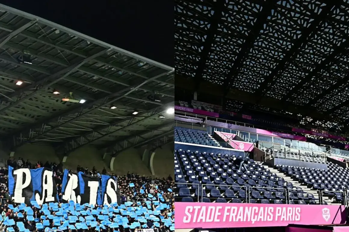 Le stade Jean Bouin, une fois plein de supporters brandissant une banderole "PARIS", et une autre fois, vide, révélant ses sièges bleus et roses.
