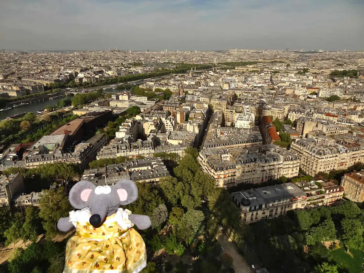 Une souris en robe jaune admire Paris depuis le sommet de la Tour Eiffel.