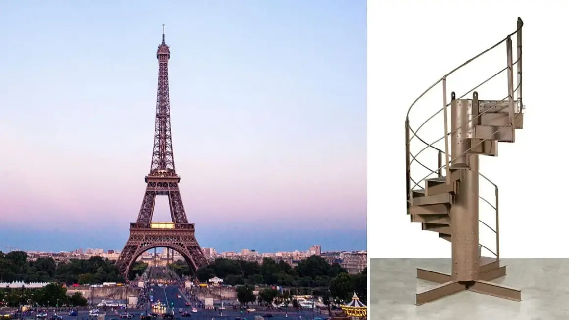 Escalier en colimaçon en métal, rappelant celui du 1er étage de la Tour Eiffel, sur fond blanc.
