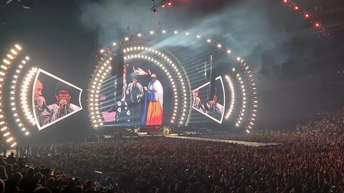 Concert des Black Eyed Peas à Paris, une foule immense sous un spectacle lumineux impressionnant.