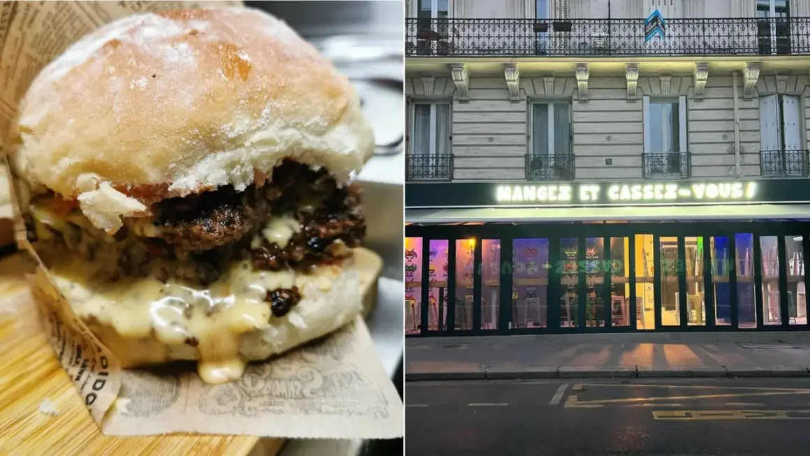 Gros burger dégoulinant de fromage, devant un restaurant à Paris avec l'enseigne lumineuse "Mangez et cassez-vous !".