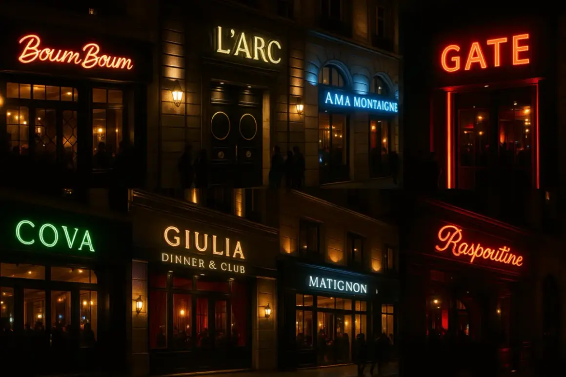 Les enseignes lumineuses de clubs parisiens : Boum Boum, L'Arc, Ama Montaigne, Gate, Cova, Giulia, Matignon, Raspoutine.