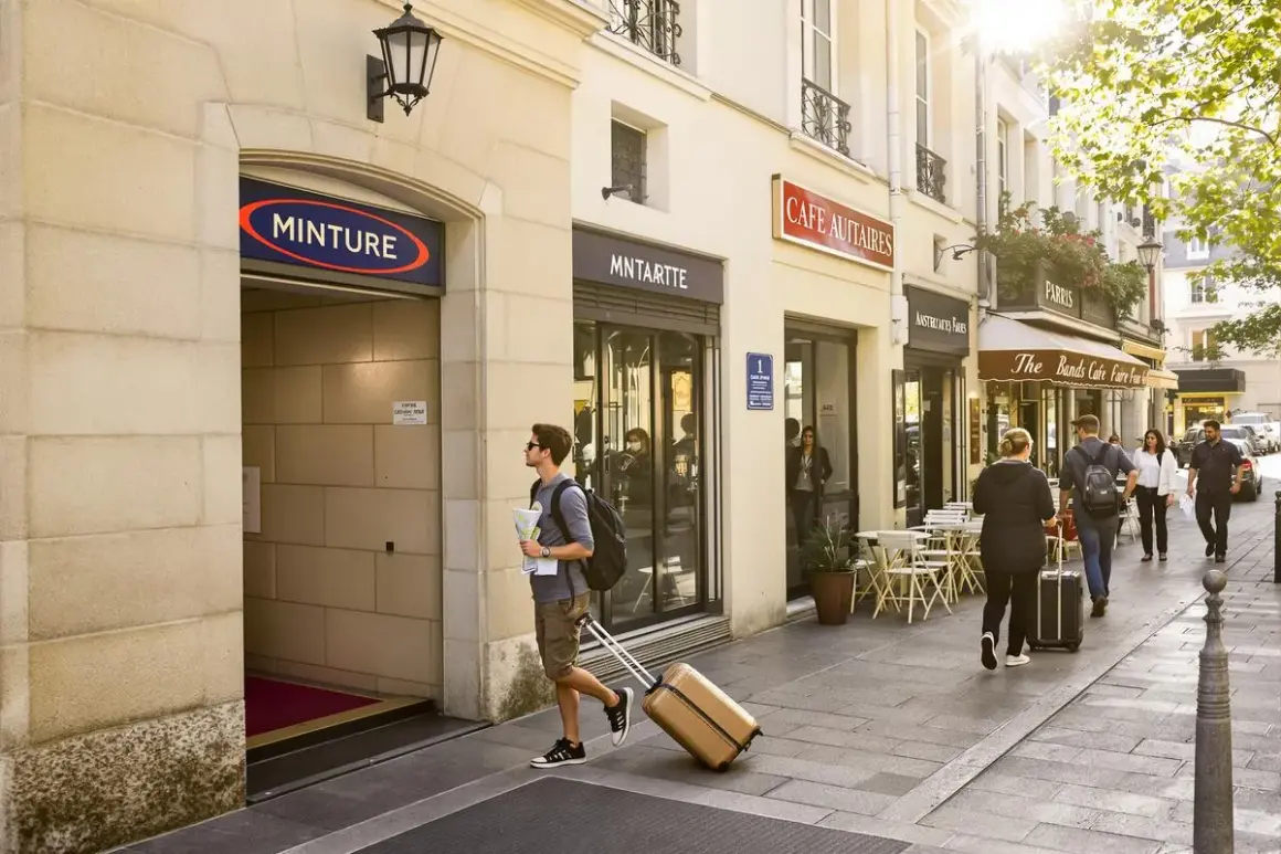 Un jeune homme avec une valise et une carte cherche que faire ce week-end à Paris, passant devant des cafés et l'entrée de la station "MINTURE".