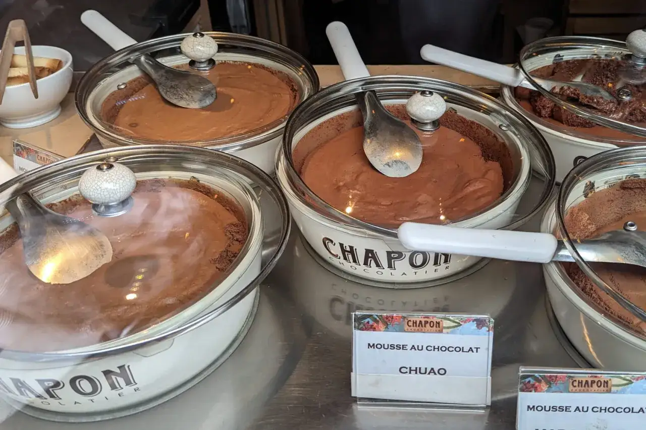 Mousses au chocolat on display at Chapon, Paris. Des pots de mousse au chocolat, prêts à être dégustés.