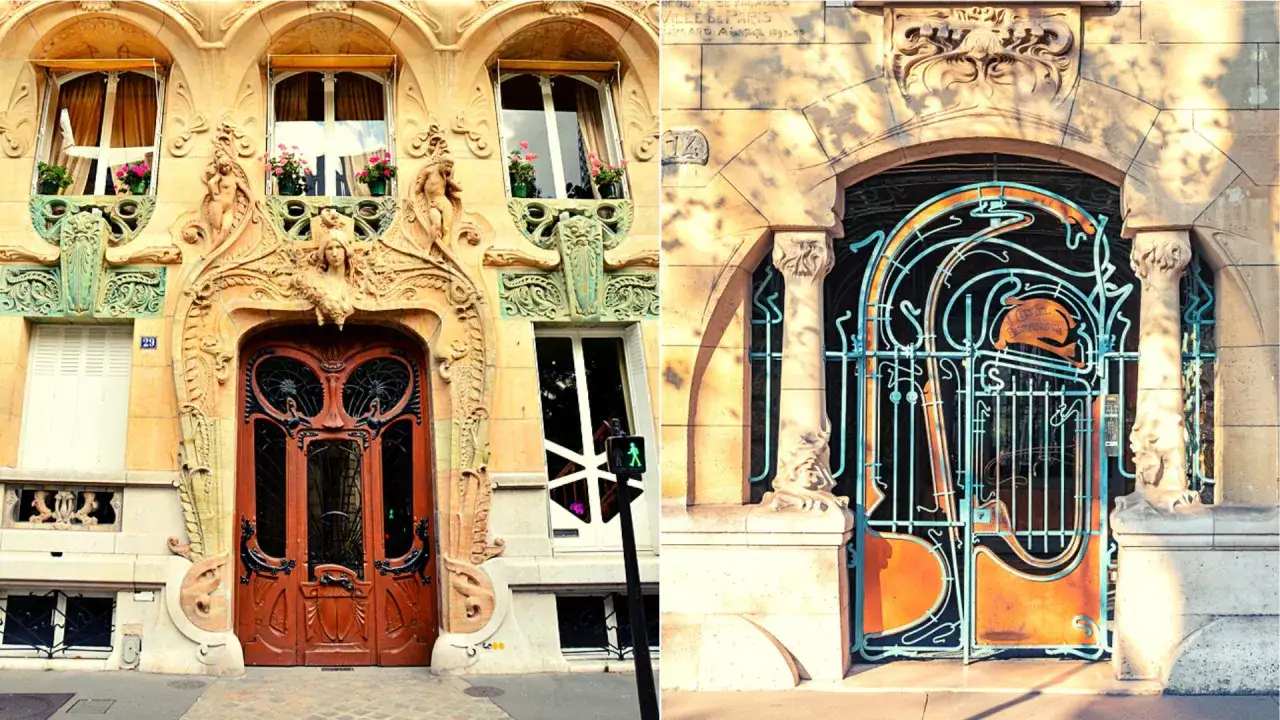 Portes et grilles ornementées, exemples d'art nouveau à Paris, avec des détails floraux et des figures féminines.