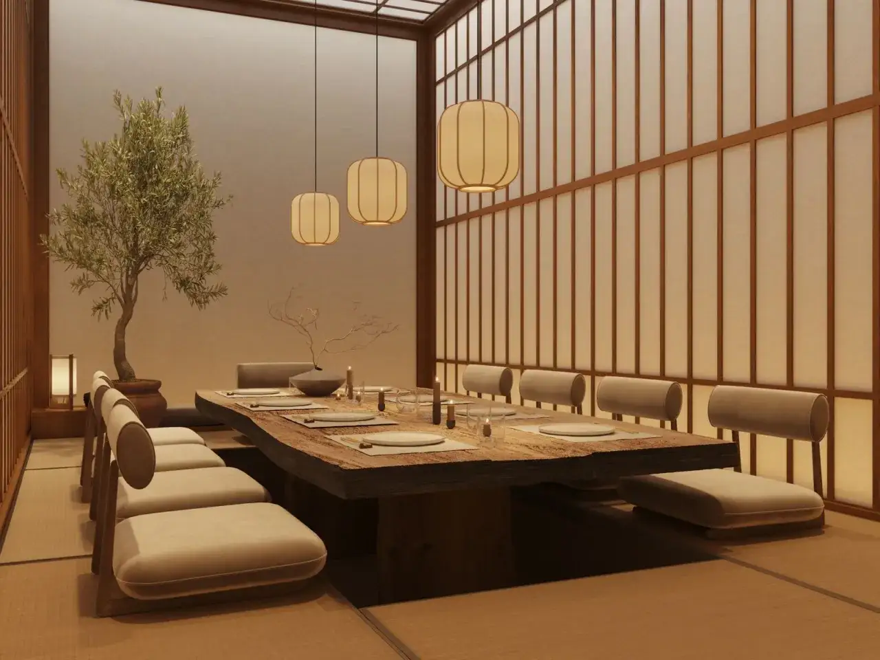 Ambiance zen dans ce resto japonais à Paris. Table en bois brut, assises basses, lanternes douces.