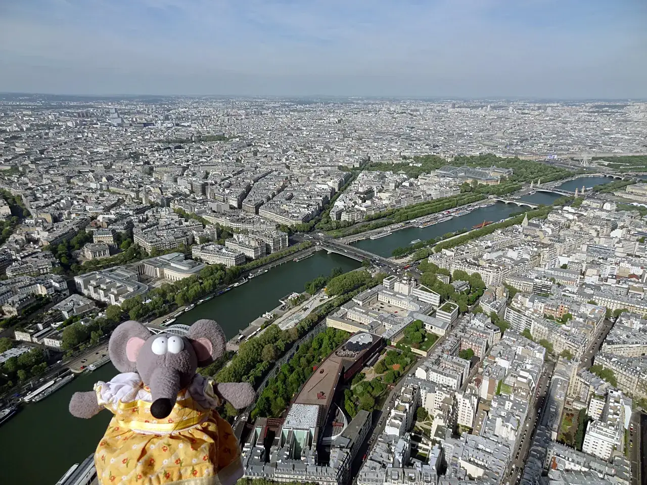 Une souris en robe jaune profite de la vue sur Paris, une belle id&eacute;e pour la dur&eacute;e visite tour eiffel.