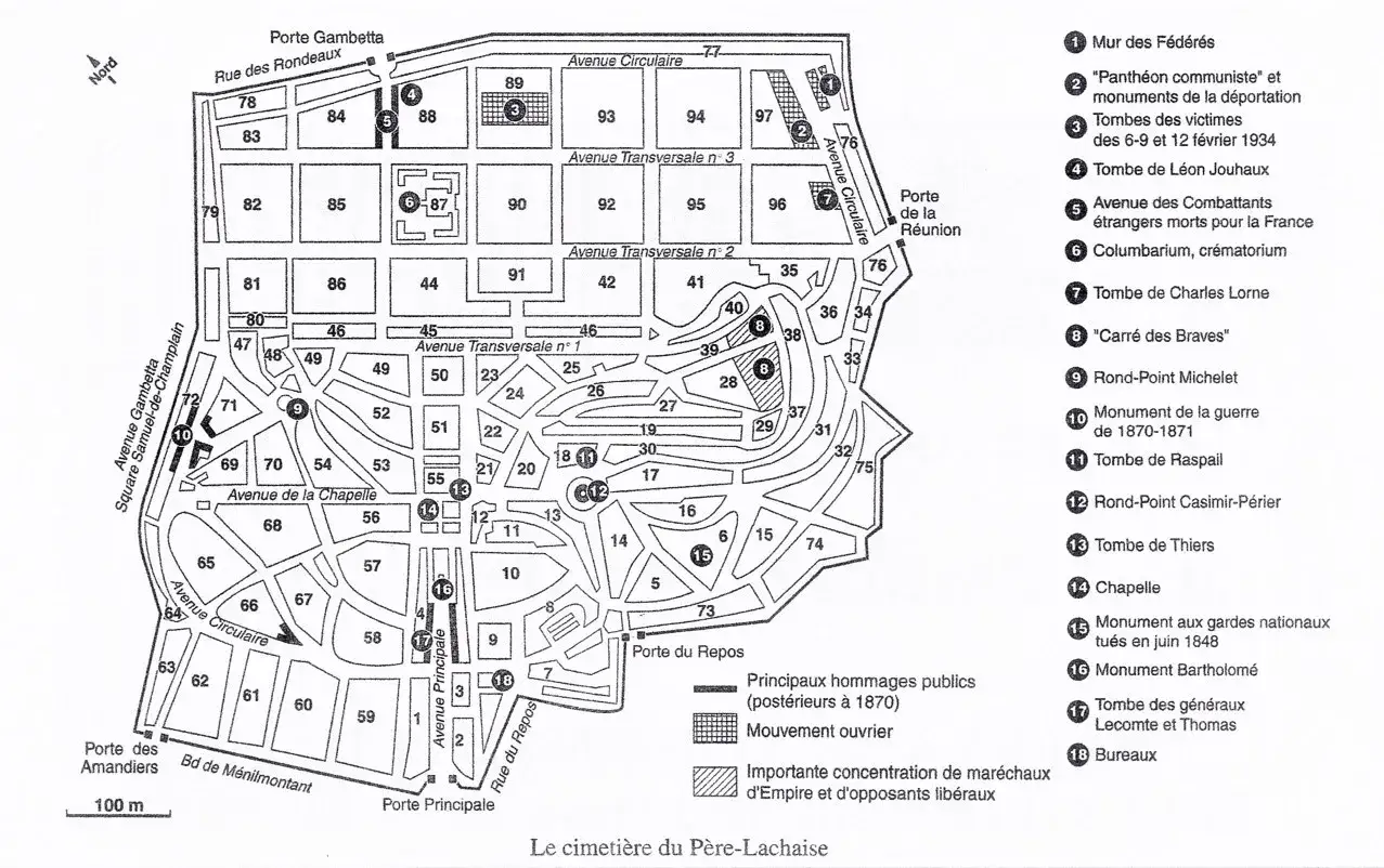 Plan du cimeti&egrave;re du P&egrave;re-Lachaise, avec ses avenues, portes et monuments num&eacute;rot&eacute;s.