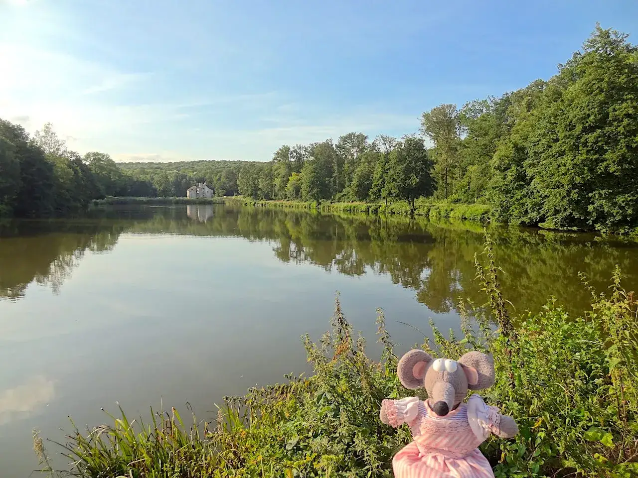 Une souris en robe rose profite d'une belle journée pour sortir en Île-de-France, près d'un château et d'un lac paisible.