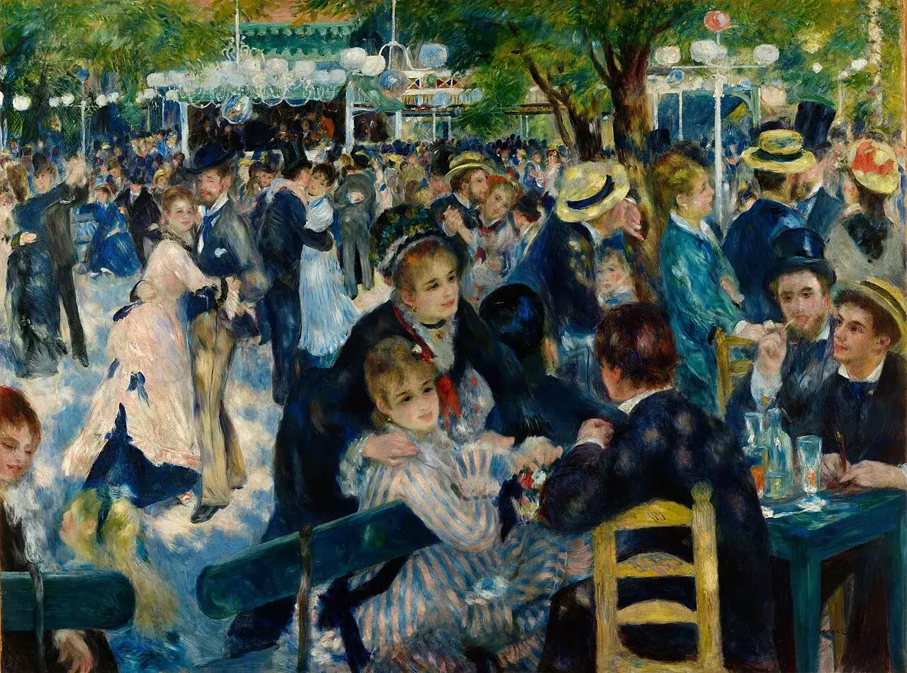 Sc&egrave;ne anim&eacute;e d'une guinguette, o&ugrave; des couples dansent et des groupes discutent, dans le style de l'exposition Renoir.