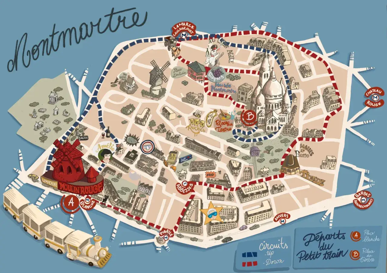 Carte de Montmartre avec le petit train touristique parisien, ses circuits et d&eacute;parts.