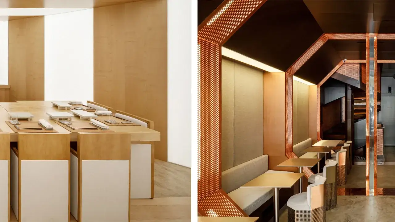 Ambiance moderne et épurée pour déguster le meilleur sushi à Paris. Tables en bois clair, banquettes confortables et escalier design.