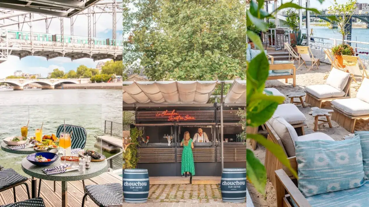 Ambiance estivale sur le quai de la photo : tables dress&eacute;es au bord de l'eau, bar anim&eacute; et espace lounge sur le sable.
