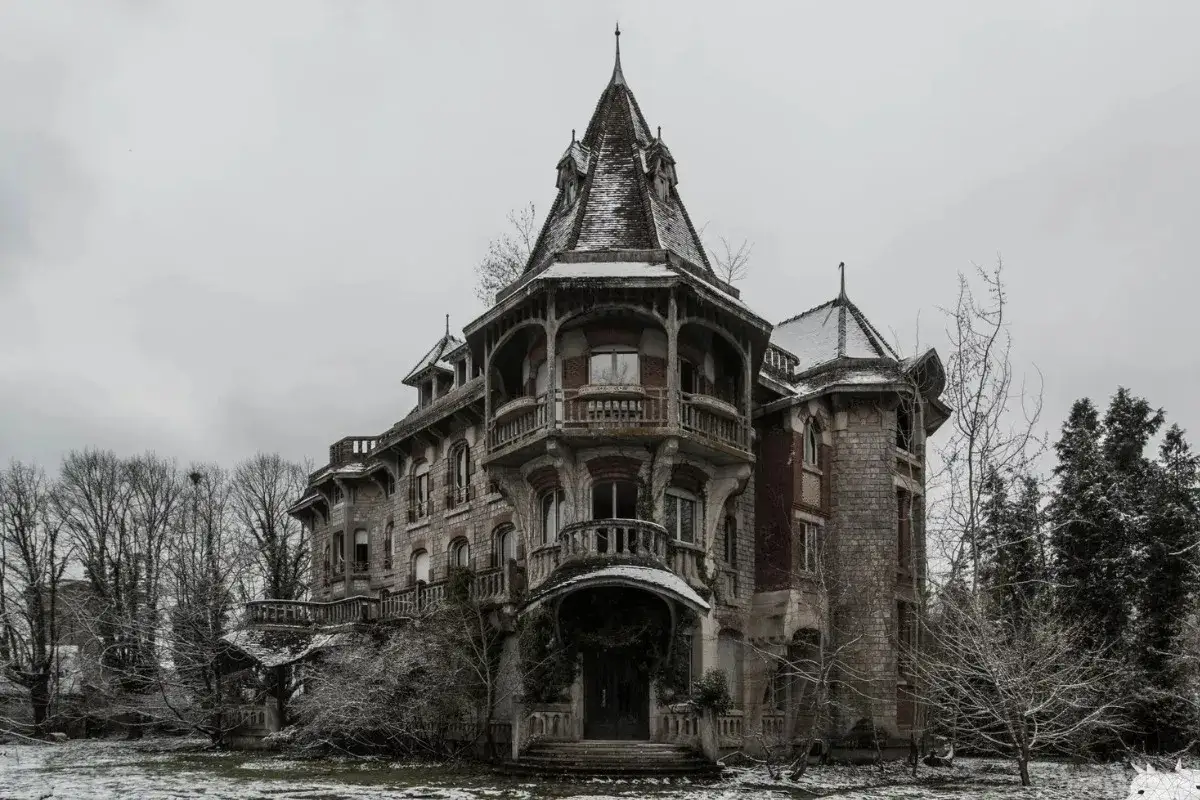 Une imposante maison hant&eacute;e &agrave; Paris, aux tours et balcons d&eacute;labr&eacute;s, se dresse sous un ciel gris d'hiver.