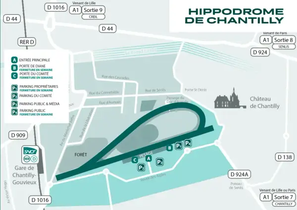 Plan de l'hippodrome de Chantilly, idéal pour organiser une sortie en famille. Accès par RER D ou routes D44, D909, D1016.