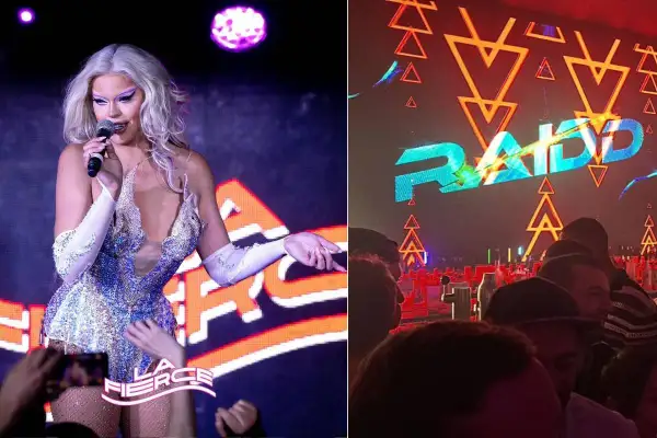 Une drag queen scintille sur scène à Paris, devant un logo lumineux. Ambiance festive dans ce bar trans.