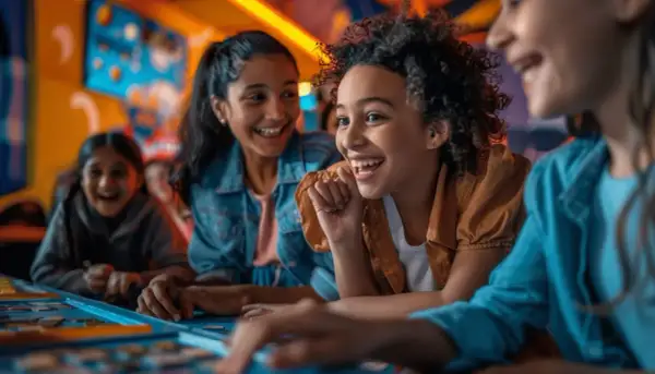 Des enfants rient en résolvant des énigmes, une aventure d'escape game à Paris pour enfants.