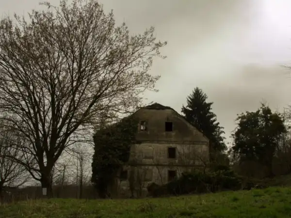 Une vieille maison abandonnée, envahie par la végétation, se dresse sous un ciel gris. On dirait une **maison hantée à Paris**, pleine de mystères.