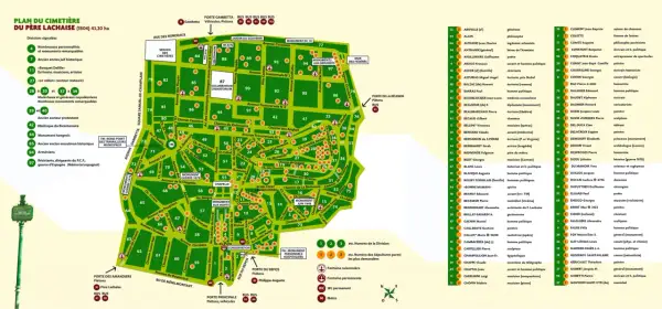 Plan du cimetière du Père Lachaise, avec ses divisions, monuments et allées.