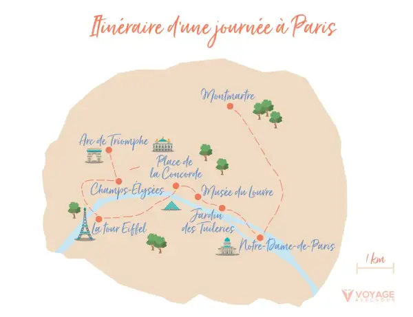 Carte d'un itinéraire pour visiter Paris en 1 jour : Tour Eiffel, Louvre, Notre-Dame, Montmartre.
