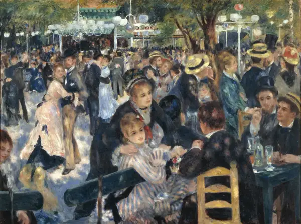 Scène animée d'une guinguette, où des couples dansent et conversent. Une **exposition Renoir** qui capture la joie de vivre.