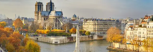 Vue panoramique de Paris en automne, avec la majestueuse Notre Dame de Paris dominant le paysage, bordée par la Seine et des arbres aux couleurs flamboyantes.