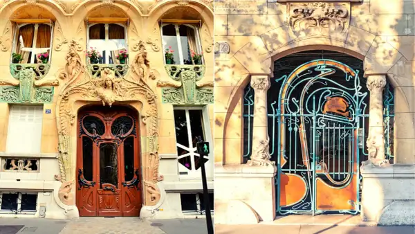 Portes et grilles ornementées, exemples d'art nouveau à Paris, avec des détails floraux et des figures féminines.