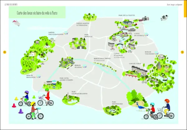 Carte des lieux pour faire du vélo à Paris, avec des enfants à vélo et des parcs. Idéal pour des activités enfants Paris gratuit.