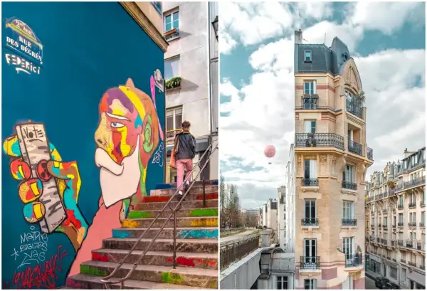 Escalier coloré et street art sur fond de ciel parisien, une invitation à une **paris secret sortie**.